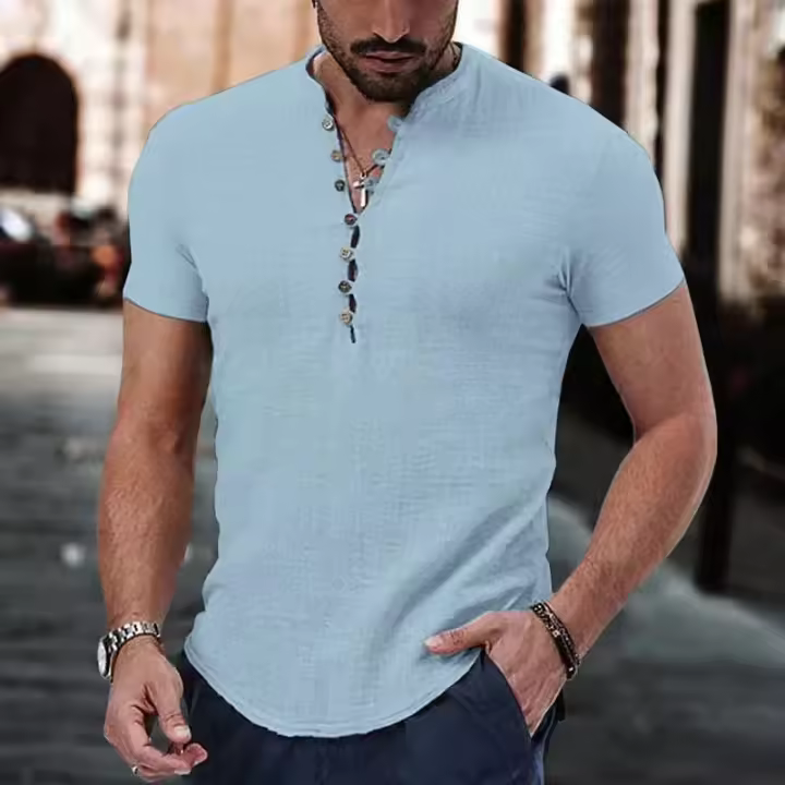 Camiseta Corta Para Hombre De Algodón Y Lino Casual Con Botones Moda Popular Camisas Para El Día De Verano Sin Cierre - 1