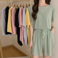 Conjunto De Pijamas Para Mujer De Seda Hielo 3 Piezas Camiseta Y Shorts Casual Cómodo Verano Otoño Estilo Básico Color Sólido Talla Grande - details 5