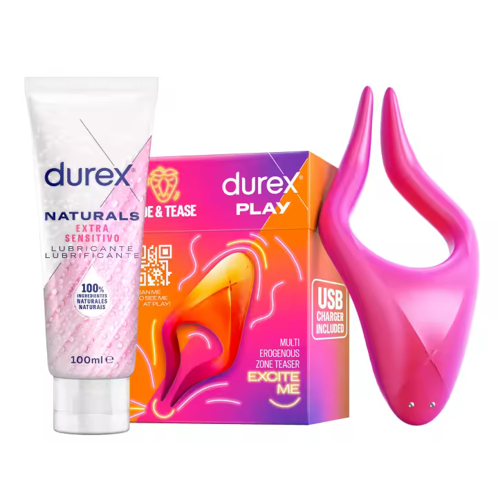 Durex Vibrador Estimulador Multi Uso RIDE & TEASE + Lubricante Naturals Extra Sensitivo 100ml, Juguete Sexual para Mujer, Hombre y Pareja - 1