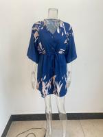Vestido Casual De Verano Para Mujer Con Estampado Y Volante Estilo Playa Cuello En V Manga Batwing A-Line Largo Mini - details 1