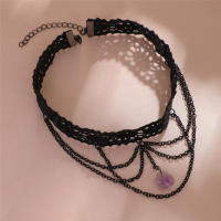 Collar Gótico Negro Con Encaje Y Pendiente De Piedra Morada Para Mujer Estilo Vintage Multicapa Cadena Metálica Para Fiesta De Halloween Joyería Steampunk - details 9