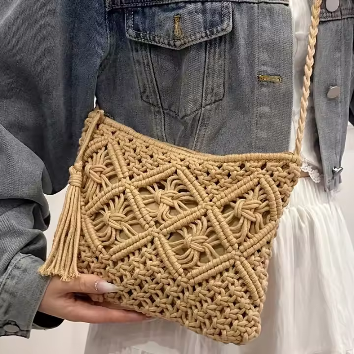 Bolso De Hombro Boho Chic Hecho a Mano Para Mujer Algodón Tejido Con Cierre De Cremallera Y Detalles De Borla Bolso De Playa Para Viajes Y Salidas Casuales - 1