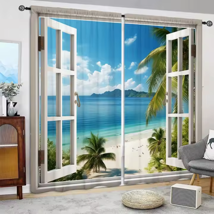 2pcs Cortina De Ventana Con Estampado De Paisaje De Playa Para Decoración Del Hogar Tratamiento De Ventana Para Dormitorio Oficina Cocina Sala De Estar Y Estudio 100% Poliéster - 1