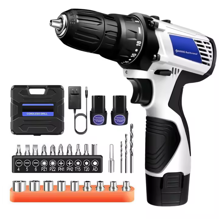 Kit de taladro inalámbrico con batería, kit de herramientas de destornillador eléctrico 2 en 1 de 45 N.m, portabrocas sin llave de doble velocidad de 3/8 pulgadas - 1