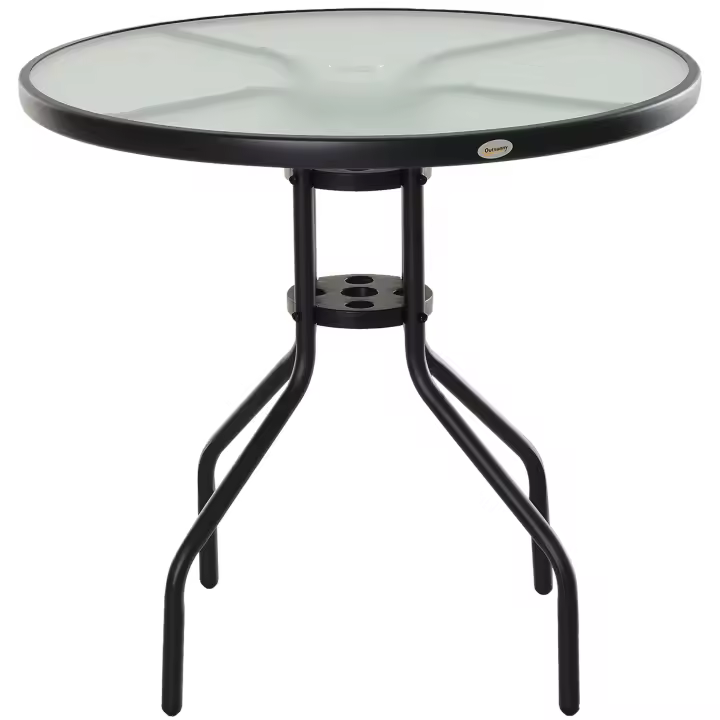 Outsunny Mesa de Jardín Redonda Mesa Comedor de Cristal Templado con Agujero para Sombrilla y Estructura Metálica para Patio Terraza Balcón Exterior Ø80x72 cm Negro - 1