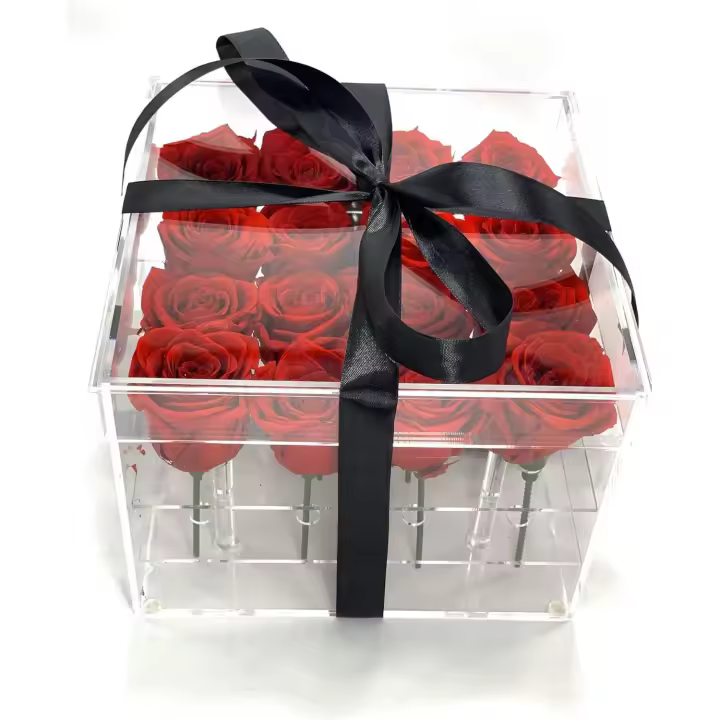 SUPERMOLON Rosas eternas en Caja acrílica - Rosas Rojas preservadas San Valentín - Flores preservadas en Caja acrílica Transparente (16 Rosas Rojas - 1