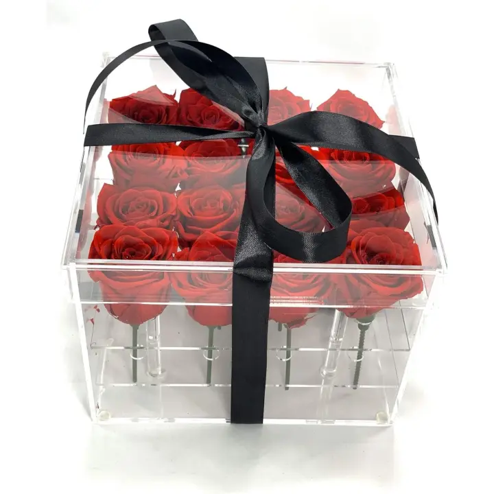 SUPERMOLON Rosas eternas en Caja acrílica - Rosas Rojas preservadas San Valentín - Flores preservadas en Caja acrílica Transparente (16 Rosas Rojas - 1