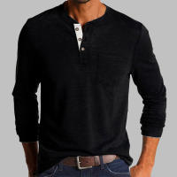 Camiseta De Hombre Elegante De Moda Primavera/Otoño Con Botones Collar Abierto Parcial Solido Con Bolsillo Manga Larga Top Para Comercio - details 1