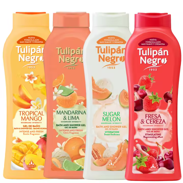 Pack 4 Geles de Baño Tulipán Negro 650 ml | Aromas frutales irresistibles: Mango, Mandarina y Lima, Melon Sugar y Fresa y Cereza. Hidratación, suavidad y fragancias frescas para tu cuidado diario. - 1