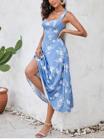 NewAsia Vestido Midi Sin Mangas Para Mujer Con Estampado Y Cuello En V Dos Capas Sin Espalda Casual Verano Azul - details 1