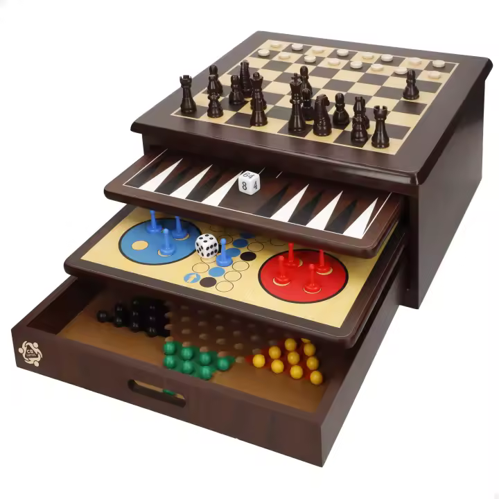COLORBABY - Set 10 juegos de mesa, +180 piezas, ajedrez para niños, damas, mancala, backgammon, 3 en raya, serpientes y escaleras, damas chinas, parchís infantil, solitario, competición de dados, Caja almacenaje madera 32x32x15 cm, +2 jugadores, +5 años - 1