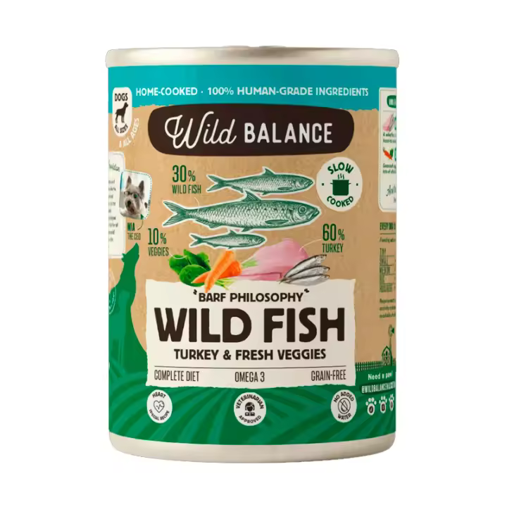 3X 400g WILD BALANCE LATA DE PESCADO Y PAVO CON VERDURAS FRESCAS PARA PERROS 400gr - 1