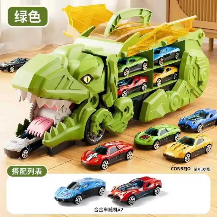 Juguete De Camión Tyrannosaurus Con Dinosaurio Alimentador Y Almacenamiento Deformable Con Coche De Carreras De Aleación Juguete De Transporte Plegable Para Niños - 1