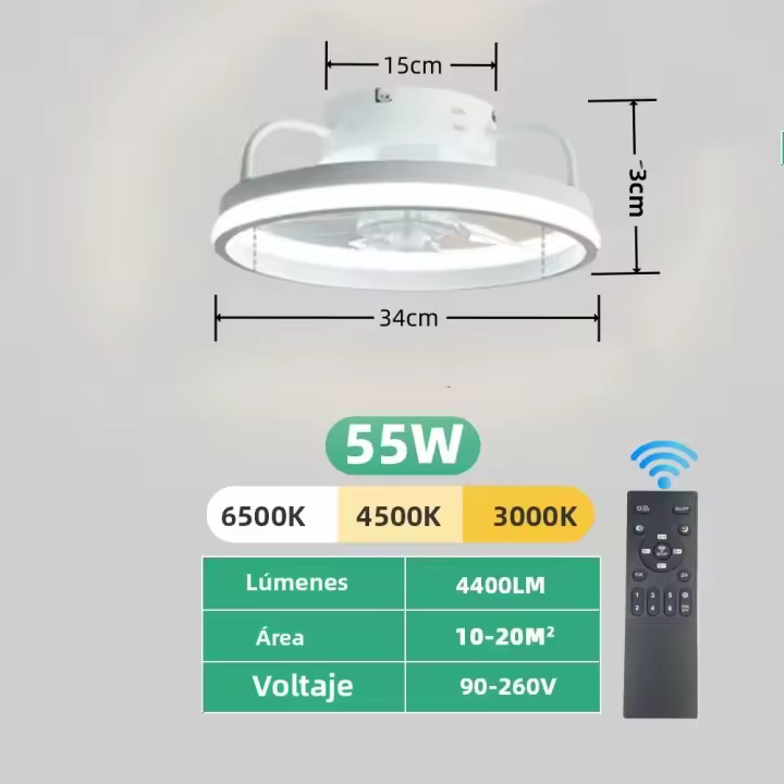 Ventilador De Techo 55W Con Luz LED Control Remoto Para Habitaciones Y Dormitorios Estilo Moderno Tamaño De Hojas 34cm - 1