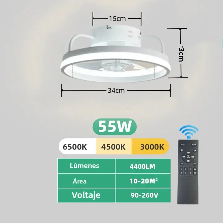 Ventilador De Techo 55W Con Luz LED Control Remoto Para Habitaciones Y Dormitorios Estilo Moderno Tamaño De Hojas 34cm - 1