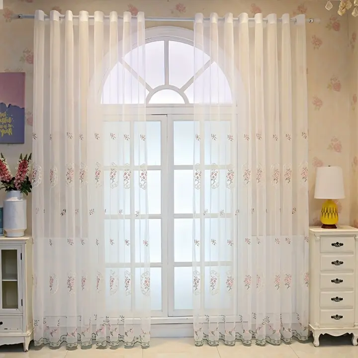 Cortinas De Encaje Rosa AnneyOneDecor Translúcidas Con Bordado Tratamiento De Ventana Estilo Pastoral Florales Románticas Voile Tulle - 1