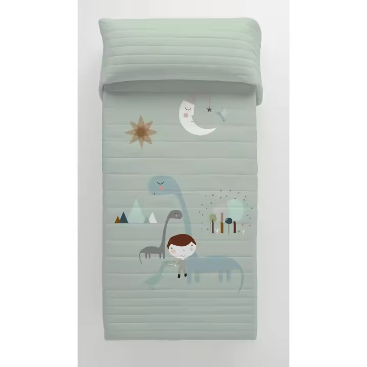 COLCHA BOUTI REVERSIBLE INFANTIL 100% ALGODÓN JURASIC GREEN HACIENDO EL INDIO FABRICADO EN ESPAÑA - 1