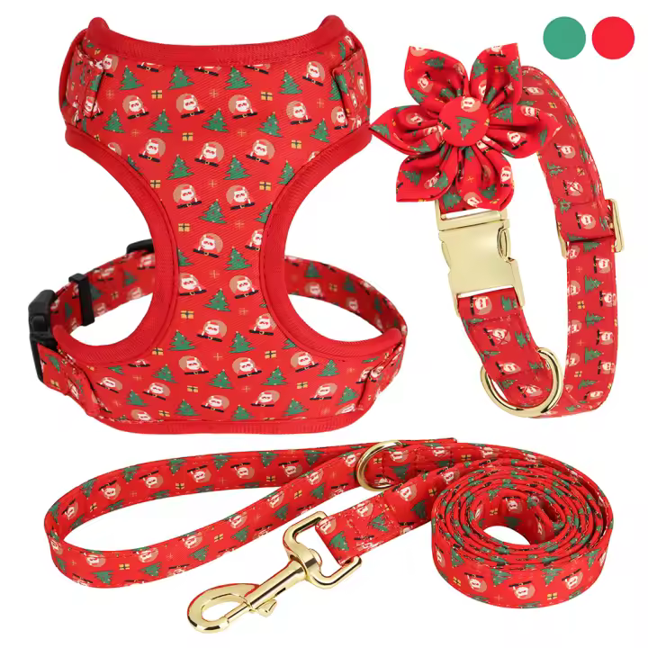 Set De Correa Y Amuleto Para Perros Con Accesorio Floral Navideño Para Chihuahua Pug 3 Piezas Ajustable Transpirable De Tamaño XS/S/M - 1