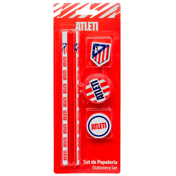 Set de Papelería Atlético de Madrid Oficial | Incluye 2 Lápices, 2 Gomas de Borrar y 1 Sacapuntas | Producto Licenciado Rojiblanco | Material Escolar y de Oficina | Regalo Original para Niños, Estudiantes, Aficionados y Coleccionistas Colchoneros