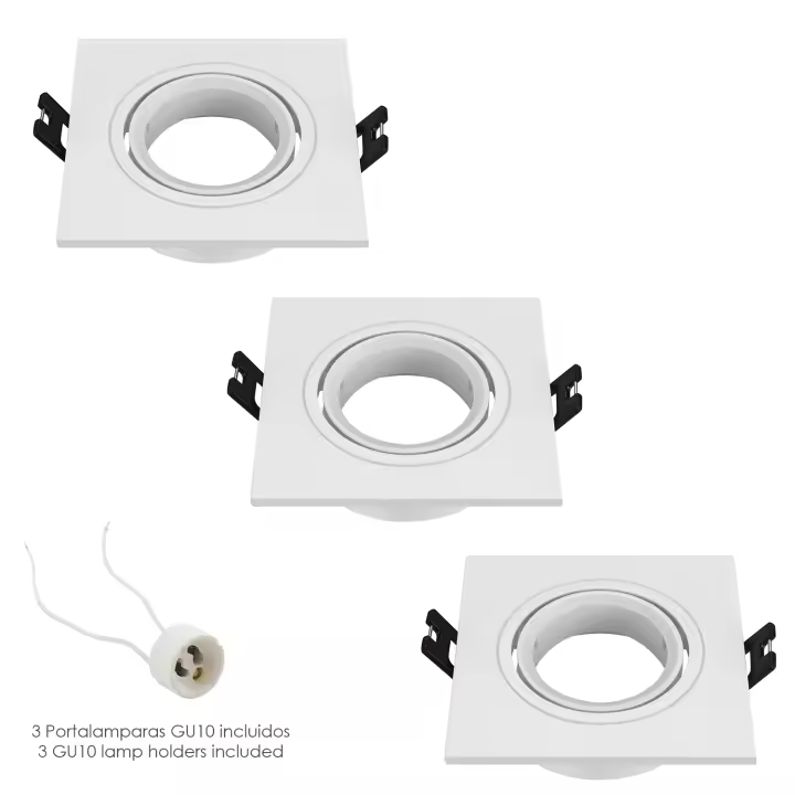 SANCO STORE - WOLFPACK LINEA PROFESIONAL Aro Foco Empotrable Regulable Con Portalamparas Para Bombillas GU10. 93 x 93 x 25 mm. Bombilla vista. Pack de 3 unidades - 1