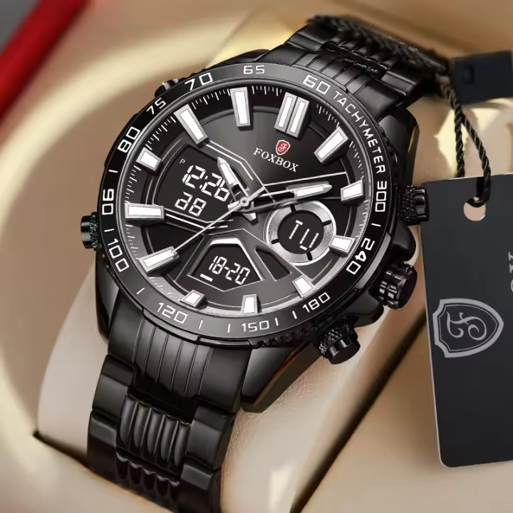 Reloj Deportivo De Lujo FOXBOX Para Hombres Cuarzo Acero Inoxidable Impermeable Dual Display Relogio Masculino Con Pantalla LED Y Luz Nocturna - 1