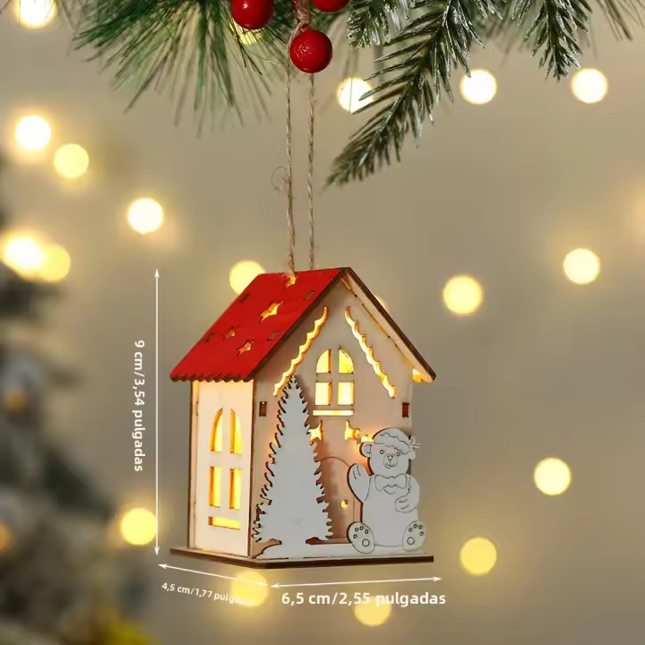 Colgante De Navidad De Casa De Madera Con Esqueleto De Nieve Santa Claus Oso Reindeer Decoración Luminosa Para El Hogar - 1