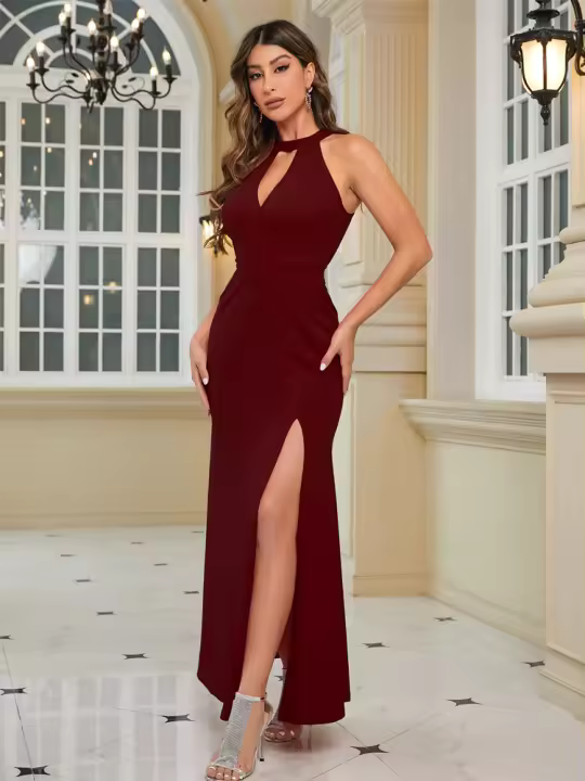 Vestido Elegante De Noche Para Mujer Con Abertura En El Brazo Y Cuello Alto Vestido Largo Para Cóctel De Polyester Y Spandex - 1