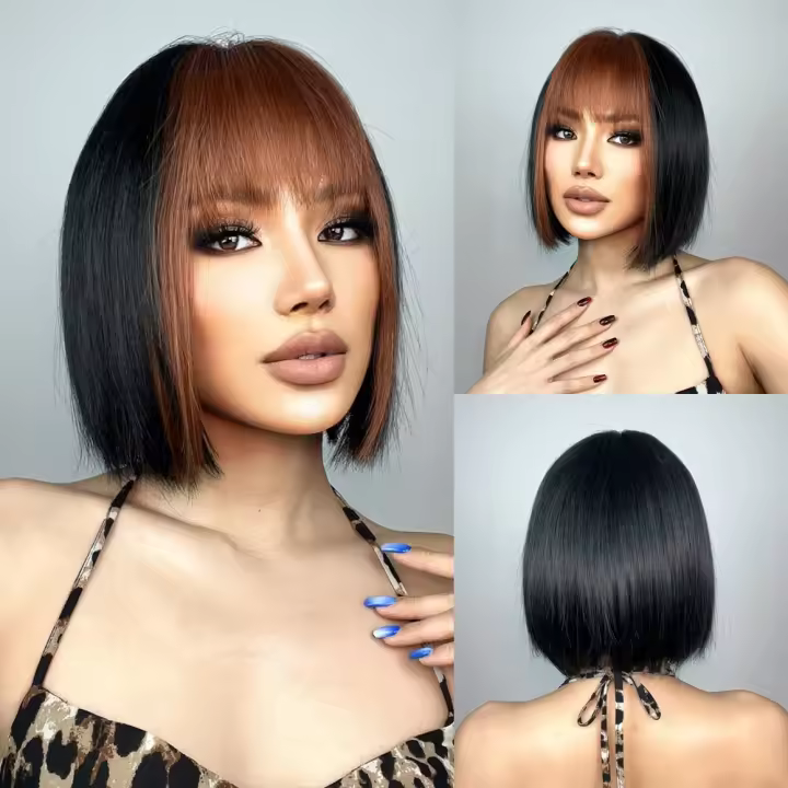Pelucas Sintéticas Cortas Rectas Para Mujeres Negras Color Marrón Oscuro Con Franja Cosplay Natural Peluca Resistente Al Calor Para Uso Diario - 1