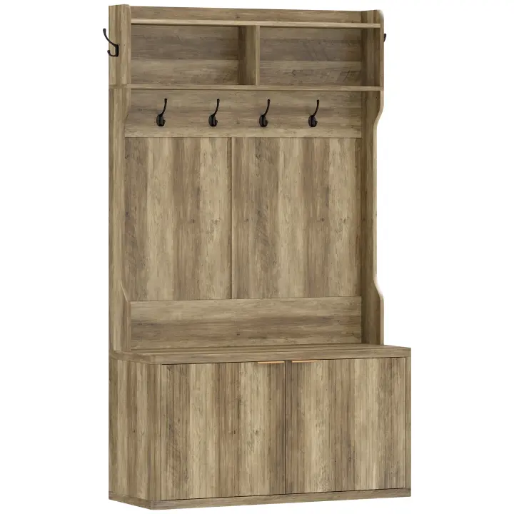 HOMCOM Perchero Zapatero, Perchero Recibidor con 2 Puertas, Estantes Abiertos, 6 Ganchos, para Pasillo, Dormitorio, Salón, Estilo Moderno, 100x38x172 cm - 1