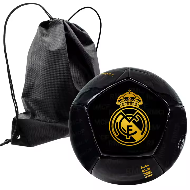 Balón de Fútbol Real Madrid Escudo Dorado Talla 5 - Producto Oficial + Mochila Negra para Playa, Piscina, Campo - 1