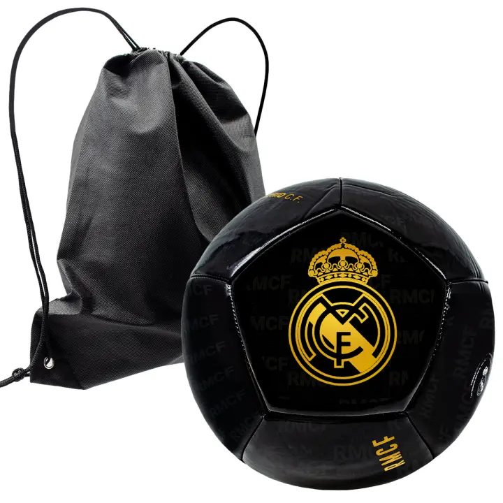 Balón de Fútbol Real Madrid Escudo Dorado Talla 5 - Producto Oficial + Mochila Negra para Playa, Piscina, Campo - 1