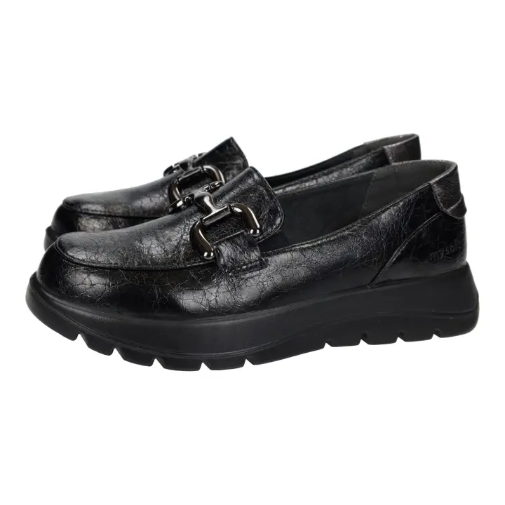 Zapatos Mocasín marca MYSOFT para mujer en color negro. Mocasines casuales para mujer en color negro, sin cierres, con detalle de cadena al frente para decorar, zapatos cómodos para combinar con casi todo - 1