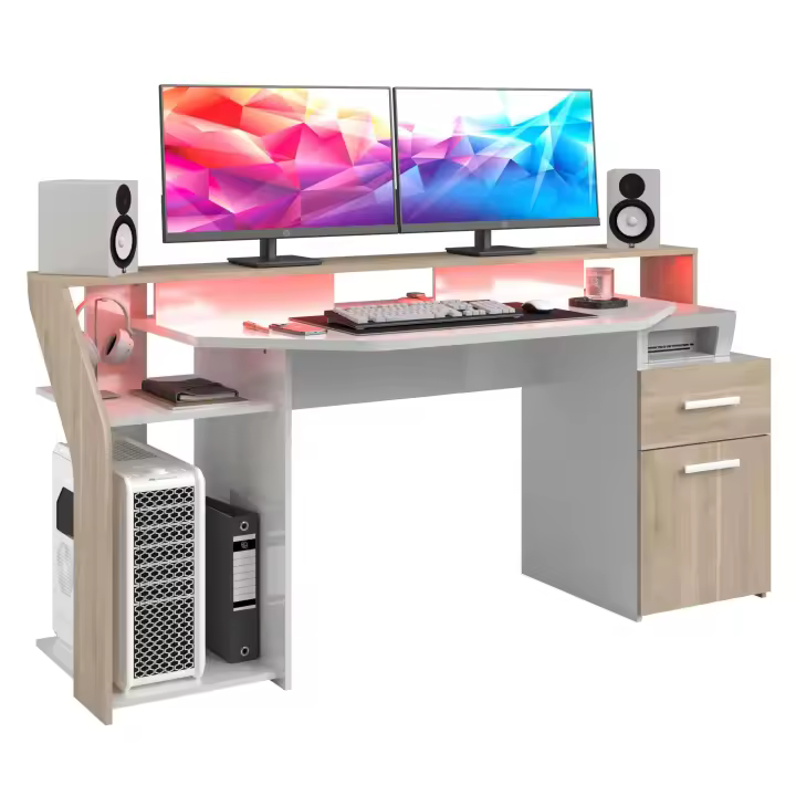 Mesa Gaming Escritorio Atlas Con Led Rojo en Color Roble Japonés y Blanco Brillo 178 cm - 1