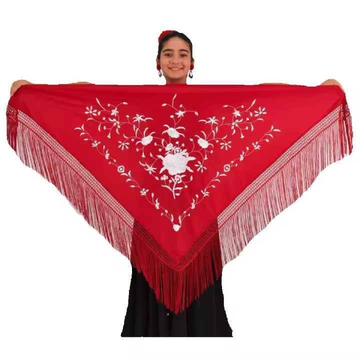 Mantón Mediano Granate con Bordado Blanco Anuka - 1