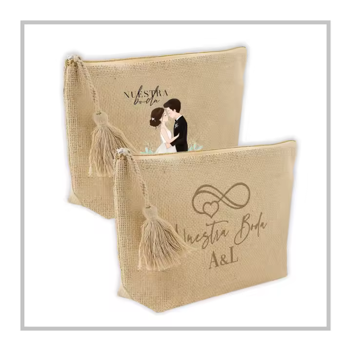 RegaloVip.es - Neceser Yute con Borla - Bolsa Portatodo de Cosmética - Regalos de Bodas, Comuniones, Bautizos - Moda Sostenible - Eco Chic - Neceser Ecológico - Yute Laminado - Regalos con Estilo, Único y Original - Regalo Vip.es - 1