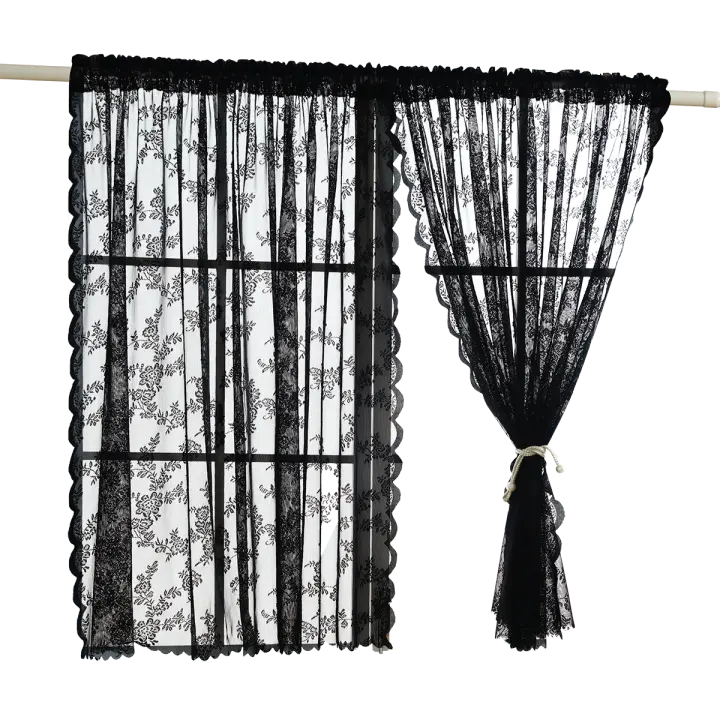 Cortina Corta De Encaje Negro Con Florales Blancos Decorativa Para Ventanas Pequeñas Y Puertas Protege La Privacidad Con Bolso De Percha - 1