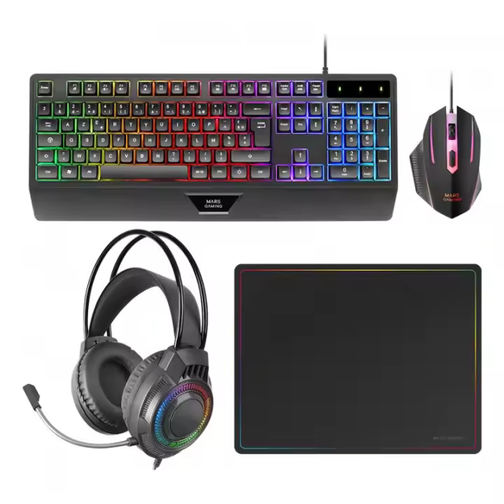 Mars Gaming - MCP124PRO, Combo Gaming 4en1, Teclado RGB H-Mech con Reposamuñecas, Ratón RGB 3200DPI y Switches HUA - MCP124PROES MCP124PROES - 1