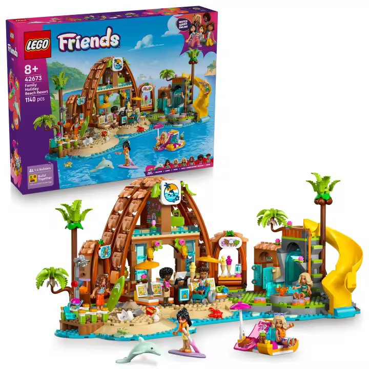 [PREVENTA] LEGO® Friends Hotel de Vacaciones Familiares en la Playa Set de Construcción para Niñas y Niños de 8 Años o Más, Juego con 6 Minipersonajes, Figuras de Delfín y Tortuga Bebé 42673 - 1