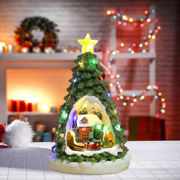 Adorno De Navidad Casa Brillante Con Música Y Tren Escena De Invierno Para Decoración De Hogar Oficina Escritorio Regalo Para Adultos Y Niños - 1
