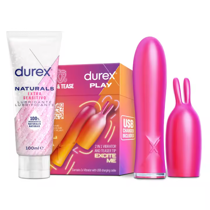 Durex Conejito Vibrador 2 en 1 VIBE & TEASE + Lubricante Naturals Extra Sensitivo 100ml, Punta Estimuladora, Juguete Sexual para Mujer, Hombre y Pareja - 1