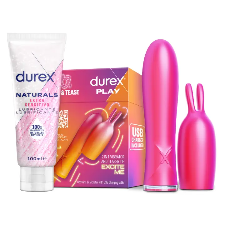 Durex Conejito Vibrador 2 en 1 VIBE & TEASE + Lubricante Naturals Extra Sensitivo 100ml, Punta Estimuladora, Juguete Sexual para Mujer, Hombre y Pareja - 1
