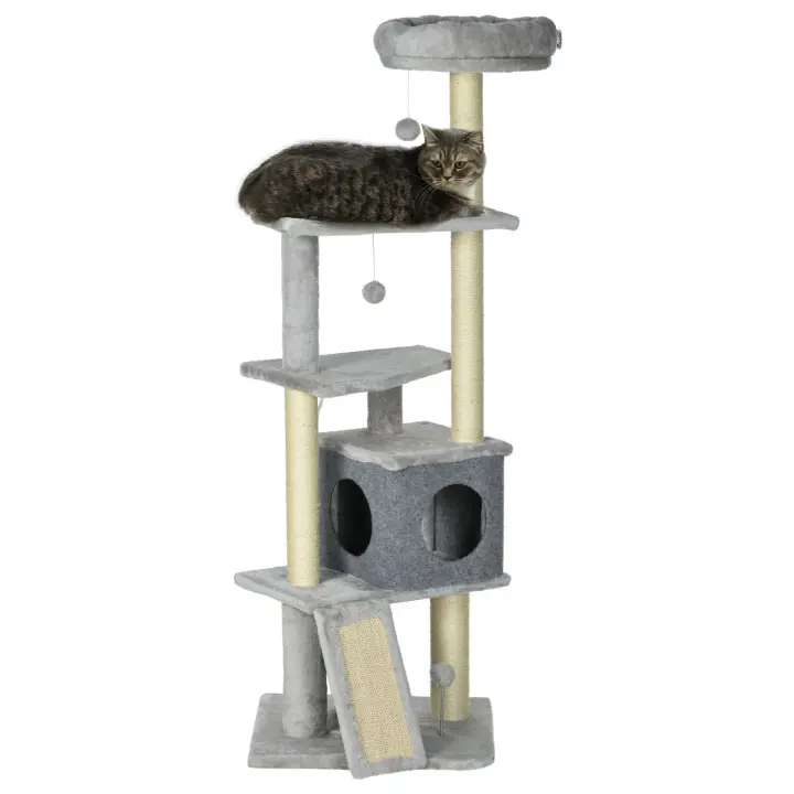 PawHut Árbol para gatos, árbol para escalar, poste rascador para gatos, altura 146 cm, centro de actividades con rampas, plataformas y bolas colgantes, ideal para 1-3 gatos, color gris - 1