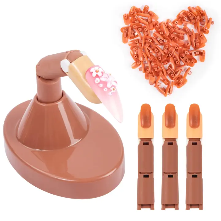 Dedo de práctica de uñas para uñas acrílicas, 3 dedos de maniquí falsos con 1 base de dedo y puntas de uñas marrones, uña de entrenamiento flexible para practicar - 1