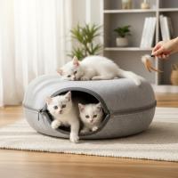 COTTECOTA– Cama Cueva para Gatos de Fieltro Tipo Túnel – 2 Tamaños M:50x50x20cm y L:64x64x28cm – Marrón, Gris y Gris oscuro – Lugar de entreteniemiento y descanso - details 0