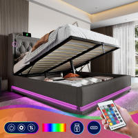 Cama Doble Tapizada 180x200 cm con Base Hidráulica de Almacenamiento - Material Algodón Gris, Cabeza Tapizada with Carga USB Typo-C y Función LED en 3 Lados (Colchón no Incluido) - details 2