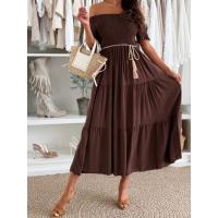 Vestido De Una Pieza Casual Para Mujer Con Cintura Y Tirantes De Color Sólido De Polyester Cómodo Y De Manga Corta De S a XXL - details 1