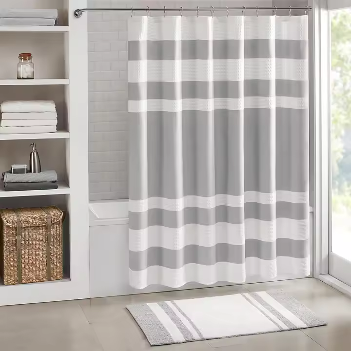 Cortina de ducha - Cortina de baño - Cortina de ducha a rayas - Anilla incluida - Fibra de poliéster - Cortina de ducha gris - 180*180cm - 1