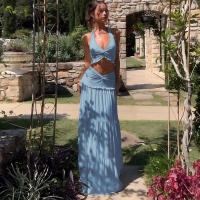 Conjunto Elegante De 2 Piezas Para Mujer Halter Sin Espalda Camisola De Cintura Elástica Con Volantes + Falda Larga De Encaje Sólida Vestido De Noche Para Fiesta Y Vacaciones En La Calle - details 34