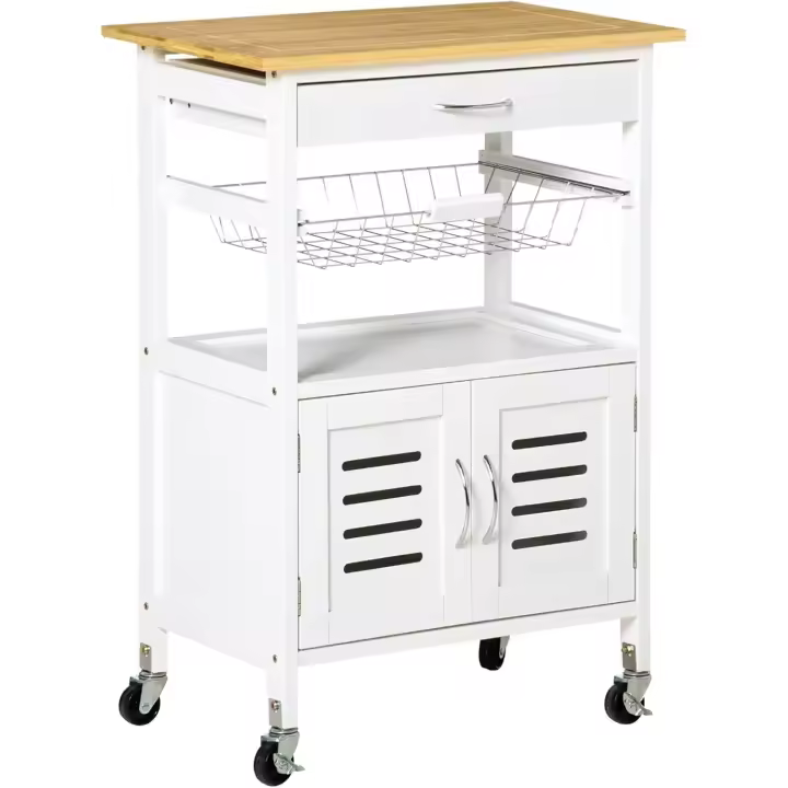 Carrito de Cocina con Ruedas Carro de Almacenamiento Multiuso con Encimera de Bambú Cajón Cesta Metálica y Armario de 2 Puertas de Persiana 58x37x85,5 cm Blanco - 1