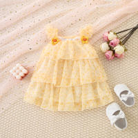 Vestido De Princesa Para Bebé Niña Verano Color Sólido Con Flores Malla Ligera Y Delgada Manga Volante Dulce Vestido De Niña - details 3